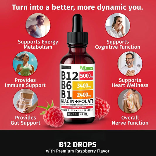 Vitamin B12 and B6 Liquid Drops B12 Sublingual Vitamin B Complex B 12 Vitamin 5000mcg B12 Methylcobalamin for Brain and Heart Support with 27 200 mcg Raspberry 80 Servings Brain Health Heart Health Support Easy Absorption Shoporiz