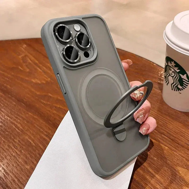 Matte Glass Lens Phone Case for iPhone - Magnetic Hard Bumper Cover with Ring Holder Anti-Scratch Wireless Compatible