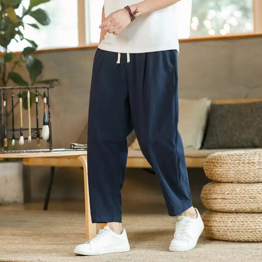 Men's Trousers Cotton Linen Fashion Casual Pants Solid Color Breathable Loose Shorts Straight Drawstring Pants Streetwear Men Shoporiz