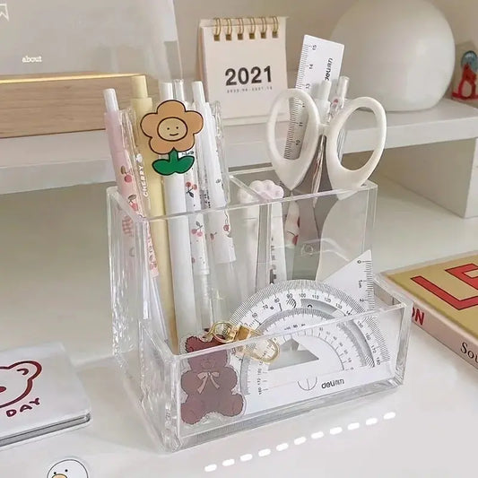 1pc The Transparent Acrylic Three-compartment Pen Holder for Desk Renovation, Student Desktop Storage Box