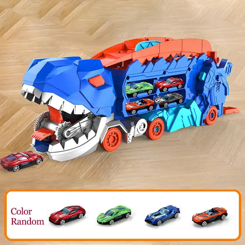 Folding Dinosaur Transporter Car Game Roll to Eat Vehicle Racing Track with Mini Car Toy for Kids Plastic Diecast Gift for Ages 4-12