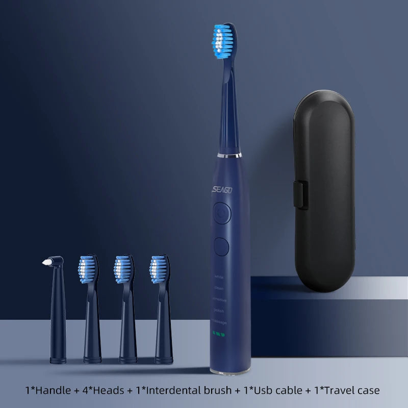 Seago Sonic Electric Toothbrush USB Rechargeable Adult with 360 Days Long Battery Life IPX7 4 Replacement Heads Travel Box SG-575