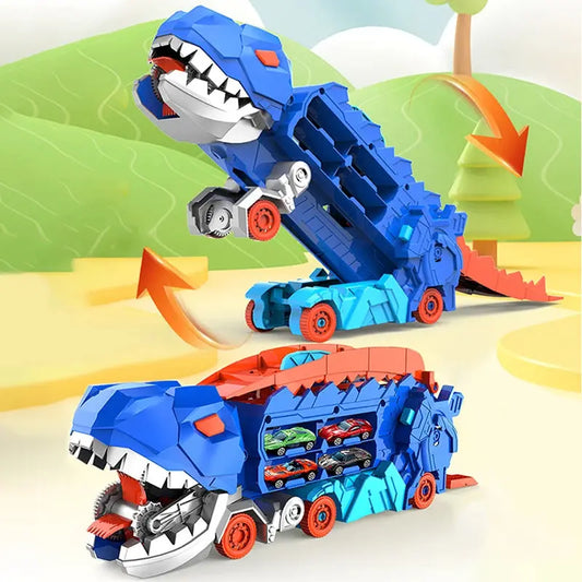Folding Dinosaur Transporter Car Game Roll to Eat Vehicle Racing Track with Mini Car Toy for Kids Plastic Diecast Gift for Ages 4-12