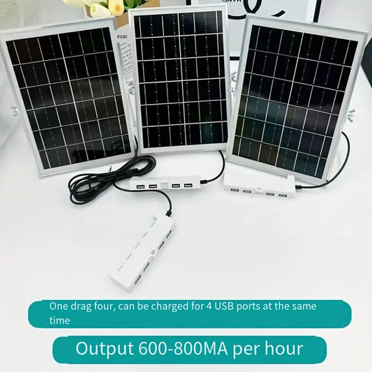 Portable 4-Port Solar Panel Charger with USB Ports, 600-800mAh Output, 5m Cable, Universal Compatibility for Smartphones and Tablets