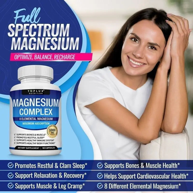 3 Bottles of Nutrition Magnesium Complex 1000mg 90 Capsules for Bone Muscle Sleep Immune Support with Malate Taurate Chelated for Easy Absorption