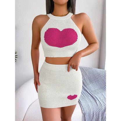 Women's 2 Piece Heart Knit Outfits Backless Halter Crop Tops & Mini Bodycon Skirt Shoporiz