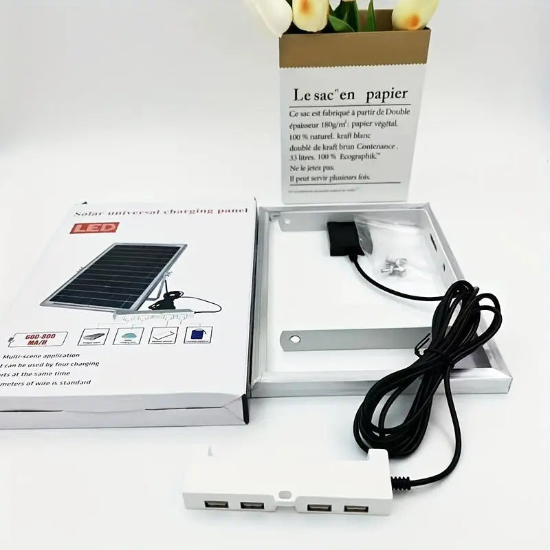 Portable 4-Port Solar Panel Charger with USB Ports, 600-800mAh Output, 5m Cable, Universal Compatibility for Smartphones and Tablets