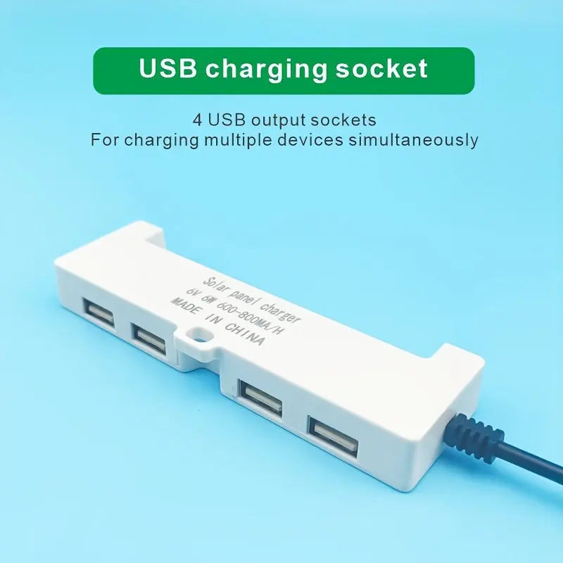 Portable 4-Port Solar Panel Charger with USB Ports, 600-800mAh Output, 5m Cable, Universal Compatibility for Smartphones and Tablets