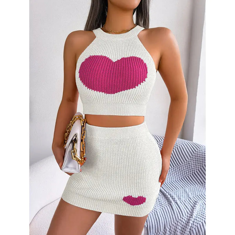 Women's 2 Piece Heart Knit Outfits Backless Halter Crop Tops & Mini Bodycon Skirt Shoporiz