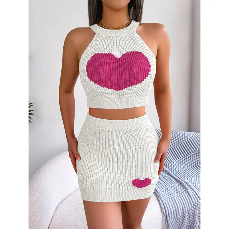 Women's 2 Piece Heart Knit Outfits Backless Halter Crop Tops & Mini Bodycon Skirt Shoporiz