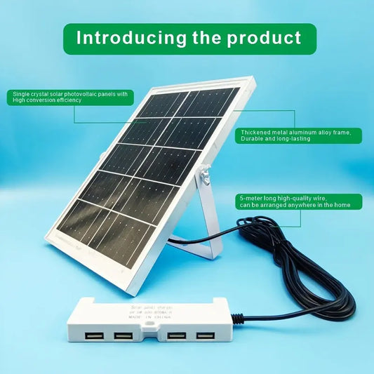 Portable 4-Port Solar Panel Charger with USB Ports, 600-800mAh Output, 5m Cable, Universal Compatibility for Smartphones and Tablets