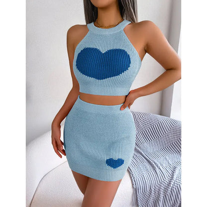 Women's 2 Piece Heart Knit Outfits Backless Halter Crop Tops & Mini Bodycon Skirt Shoporiz