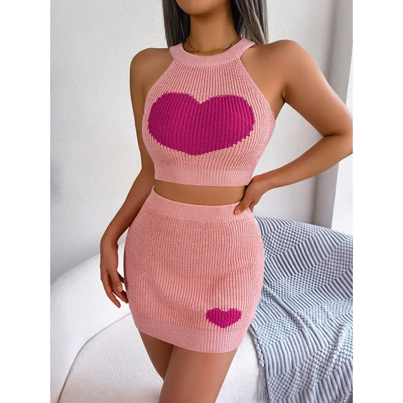 Women's 2 Piece Heart Knit Outfits Backless Halter Crop Tops & Mini Bodycon Skirt Shoporiz