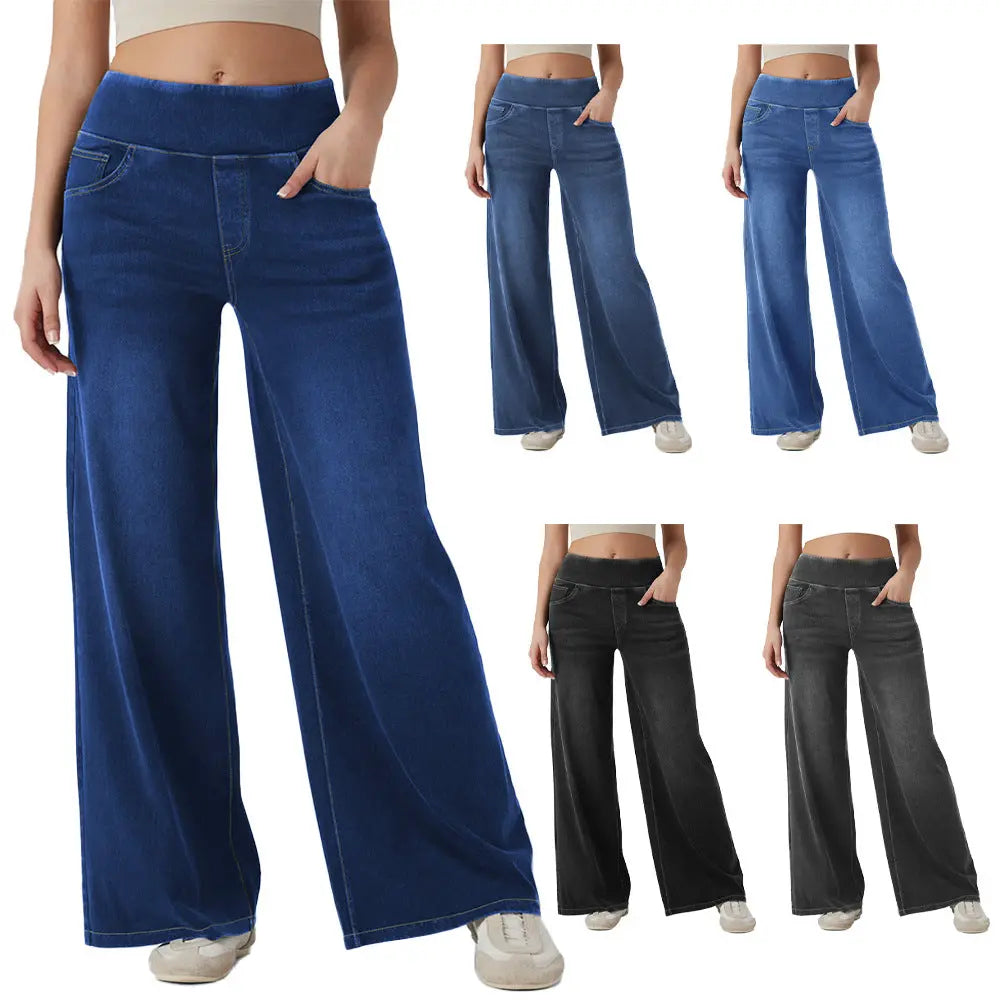 High-waisted Loose-fit Stretchy Wide-leg Jeans For Women Shoporiz