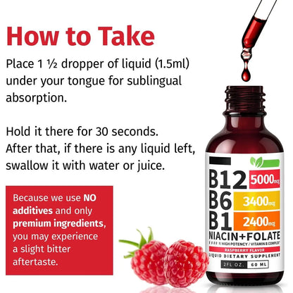 Vitamin B12 and B6 Liquid Drops B12 Sublingual Vitamin B Complex B 12 Vitamin 5000mcg B12 Methylcobalamin for Brain and Heart Support with 27 200 mcg Raspberry 80 Servings Brain Health Heart Health Support Easy Absorption Shoporiz