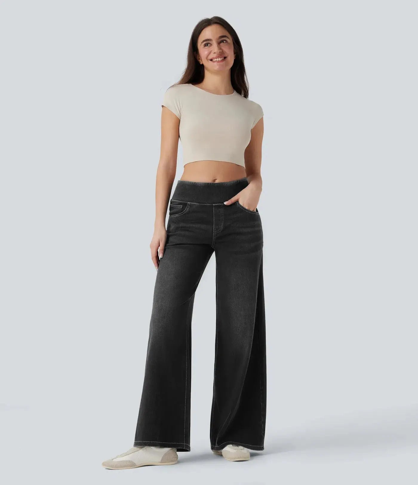 High-waisted Loose-fit Stretchy Wide-leg Jeans For Women Shoporiz