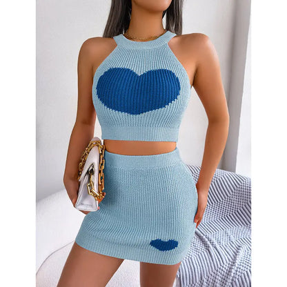 Women's 2 Piece Heart Knit Outfits Backless Halter Crop Tops & Mini Bodycon Skirt Shoporiz