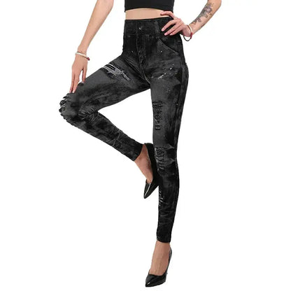 Women's High-Waist Imitation Jeans Stretch Leggings Slim Fit Casual Gym Trousers Ankle-Length Fashion Streetwear