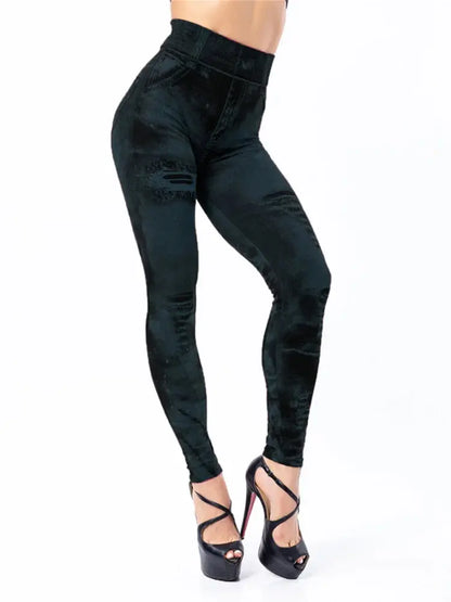 Women's High-Waist Imitation Jeans Stretch Leggings Slim Fit Casual Gym Trousers Ankle-Length Fashion Streetwear