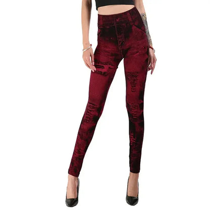 Women's High-Waist Imitation Jeans Stretch Leggings Slim Fit Casual Gym Trousers Ankle-Length Fashion Streetwear