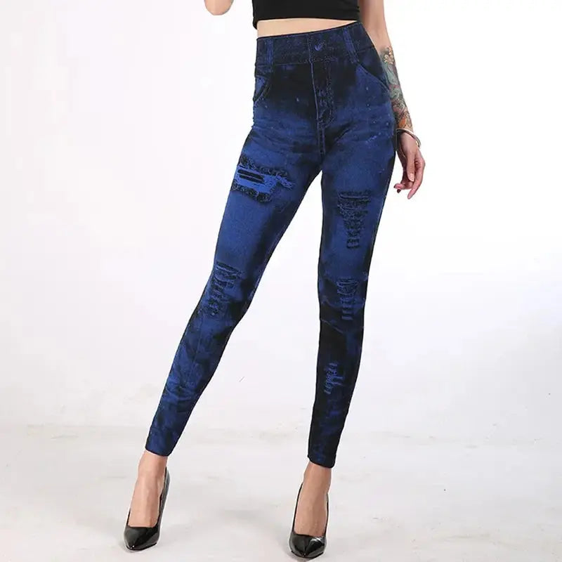 Women's High-Waist Imitation Jeans Stretch Leggings Slim Fit Casual Gym Trousers Ankle-Length Fashion Streetwear
