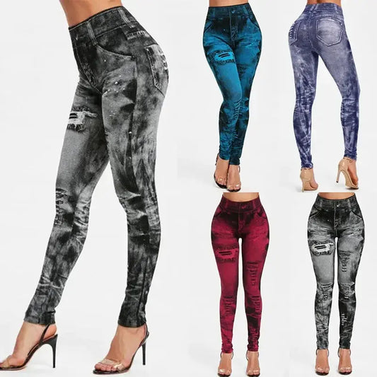 Women's High-Waist Imitation Jeans Stretch Leggings Slim Fit Casual Gym Trousers Ankle-Length Fashion Streetwear