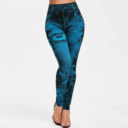 Women's High-Waist Imitation Jeans Stretch Leggings Slim Fit Casual Gym Trousers Ankle-Length Fashion Streetwear