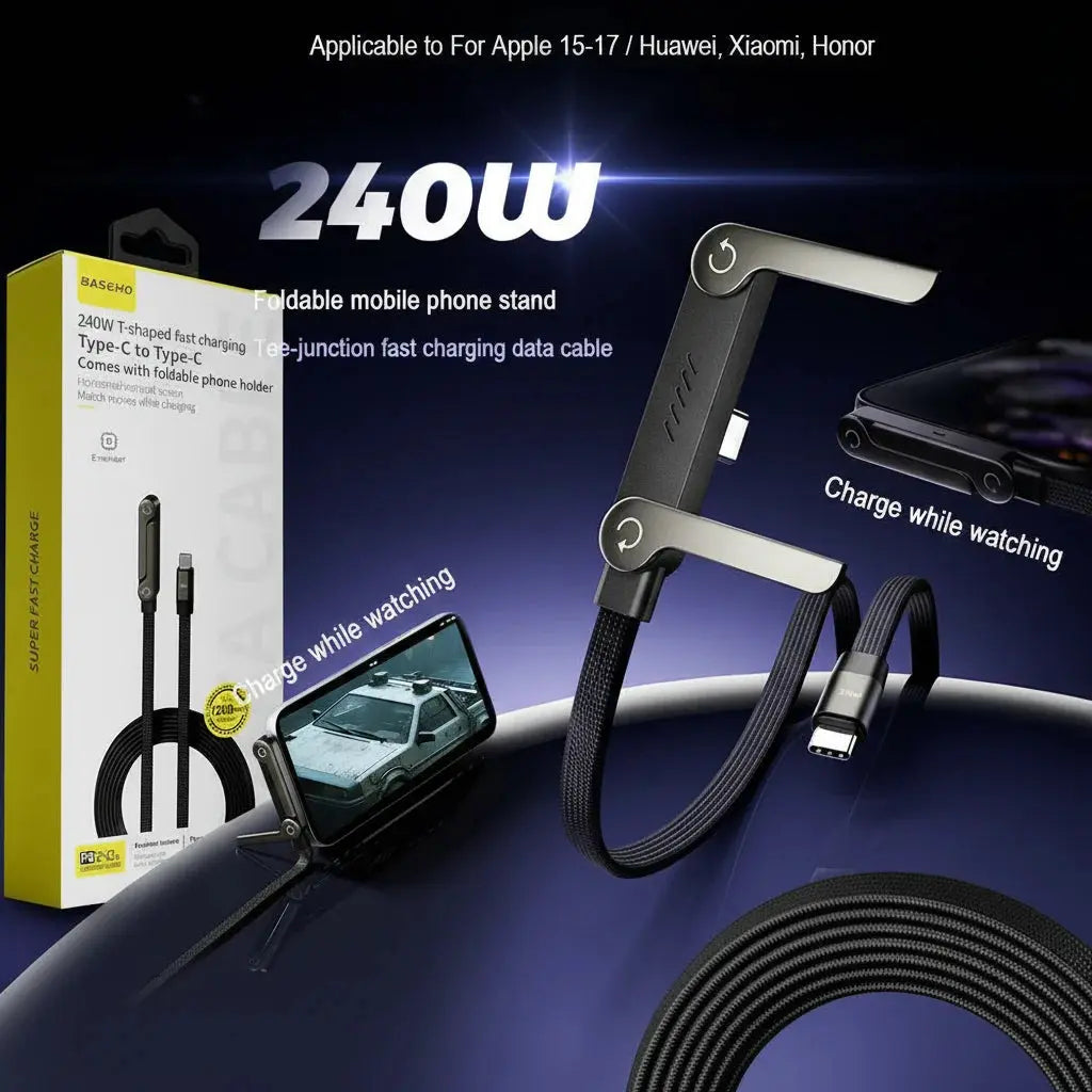 2-in-1 Fast Charging Foldable Type-C Cable with Phone Stand 240W for iPhone Tablet Dual Purpose Charging Cord Shoporiz