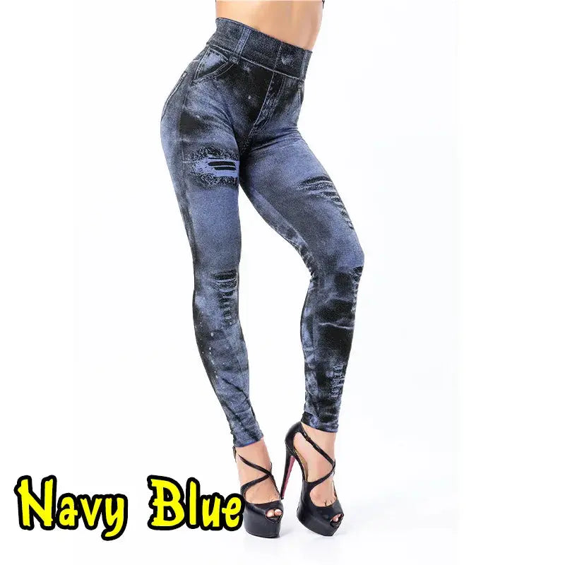 Women's High-Waist Imitation Jeans Stretch Leggings Slim Fit Casual Gym Trousers Ankle-Length Fashion Streetwear