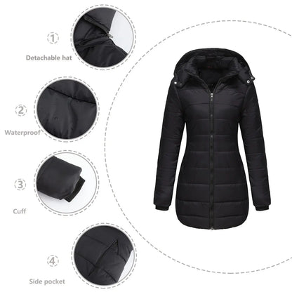 Women's Winter Warm Hooded Padded Coat Custom Slim Long Jacket with Zipper Closure Breathable Eco-Friendly Windproof Polyester Filling