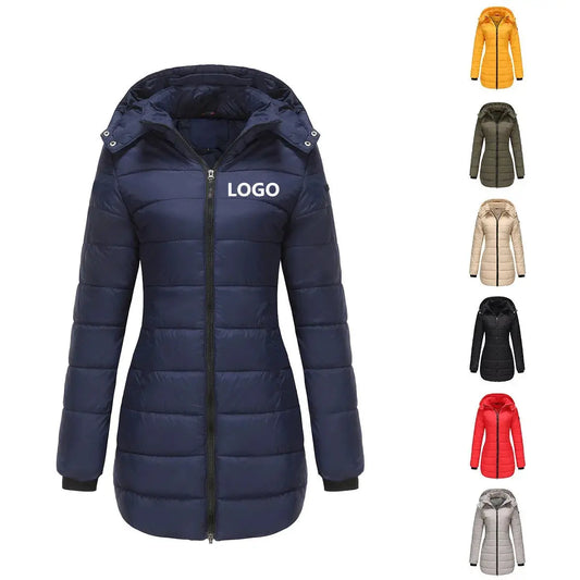 Women's Winter Warm Hooded Padded Coat Custom Slim Long Jacket with Zipper Closure Breathable Eco-Friendly Windproof Polyester Filling