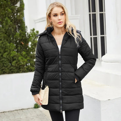 Women's Winter Warm Hooded Padded Coat Custom Slim Long Jacket with Zipper Closure Breathable Eco-Friendly Windproof Polyester Filling