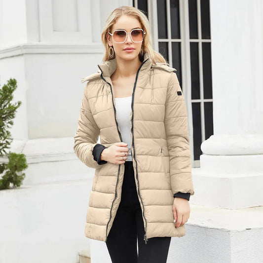 Women's Winter Warm Hooded Padded Coat Custom Slim Long Jacket with Zipper Closure Breathable Eco-Friendly Windproof Polyester Filling