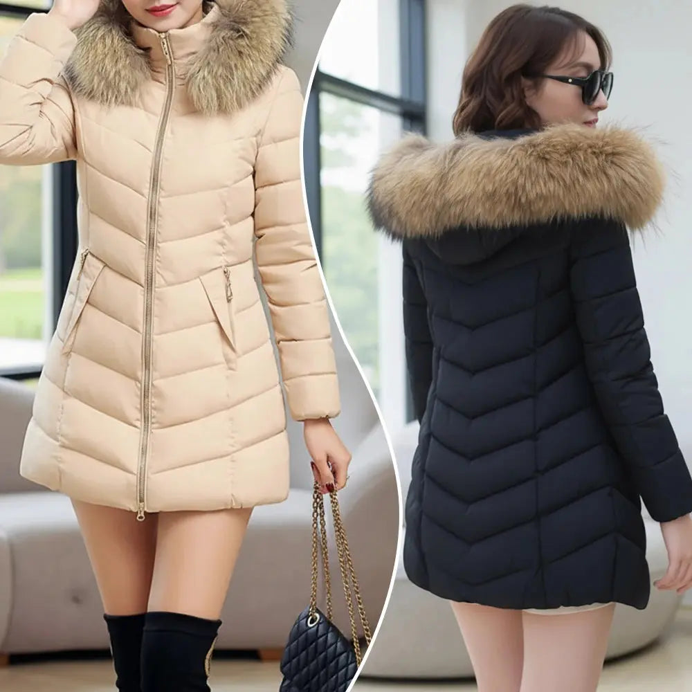 Women's Winter Puffer Coat Slim Fit Faux Fur Hood Zipper Closure Quilted Fabric Casual Thick Parka Essential for Cold Wear