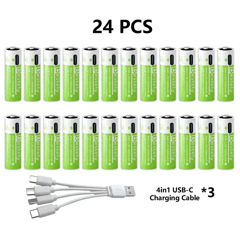 Pro 1.5V AAA 6800mAh Rechargeable Battery, Type-C Fast Charging Li-ion Batteries, 2000 Cycles LED Indicator with Cable