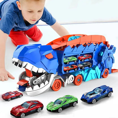Folding Dinosaur Transporter Car Game Roll to Eat Vehicle Racing Track with Mini Car Toy for Kids Plastic Diecast Gift for Ages 4-12