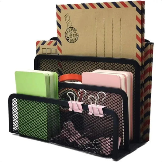 Black Metal Iron Mesh Desk Organizer - Letter Tray Holder for Paper Magazine Book Office Grid Tray