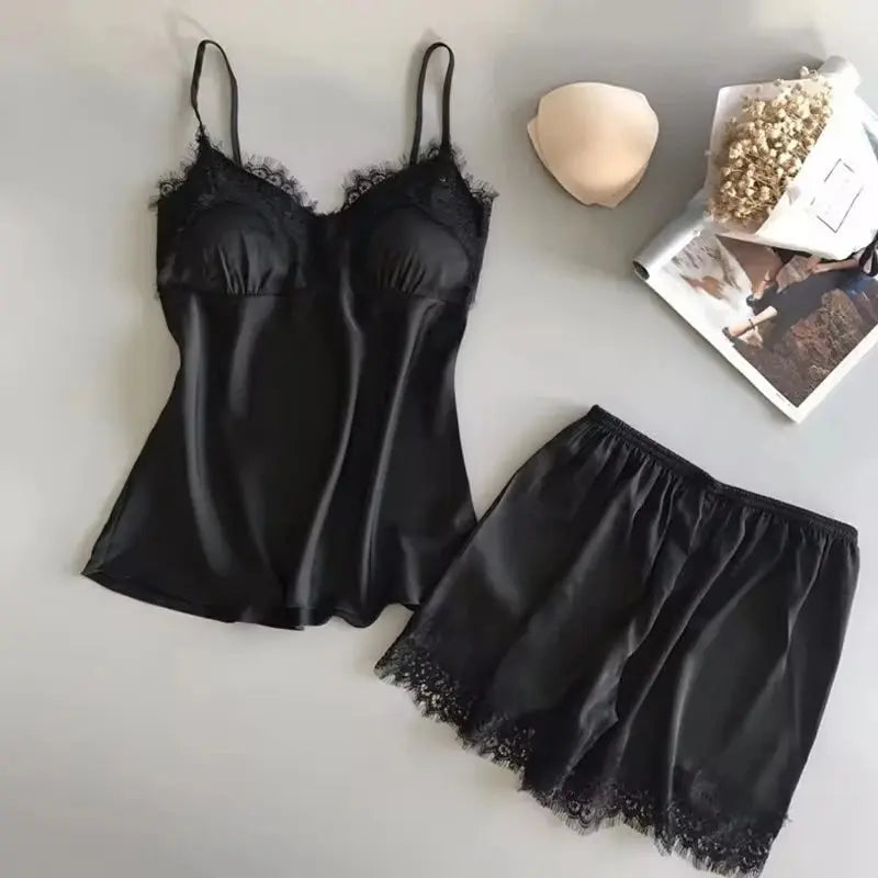 Women Pajama Suit Fashion V-Neck Stretch Satin Babydoll Lace Sexy Lingerie Bowknot Pyjamas Sleep Shorts Set Sleepwear
