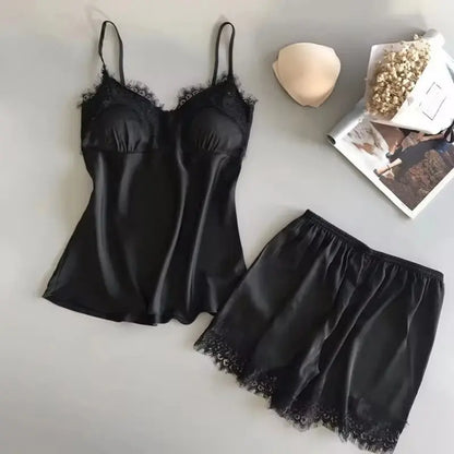 Women Pajama Suit Fashion V-Neck Stretch Satin Babydoll Lace Sexy Lingerie Bowknot Pyjamas Sleep Shorts Set Sleepwear