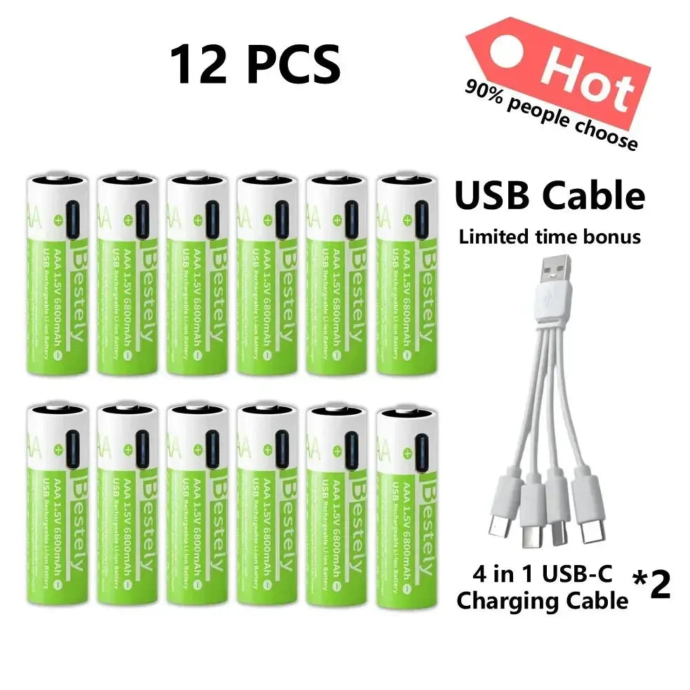 Pro 1.5V AAA 6800mAh Rechargeable Battery, Type-C Fast Charging Li-ion Batteries, 2000 Cycles LED Indicator with Cable