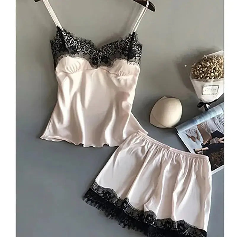 Women Pajama Suit Fashion V-Neck Stretch Satin Babydoll Lace Sexy Lingerie Bowknot Pyjamas Sleep Shorts Set Sleepwear