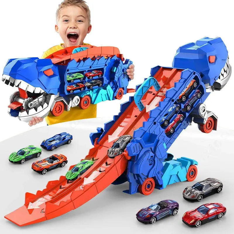 Folding Dinosaur Transporter Car Game Roll to Eat Vehicle Racing Track with Mini Car Toy for Kids Plastic Diecast Gift for Ages 4-12