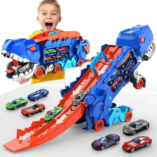 Folding Dinosaur Transporter Car Game Roll to Eat Vehicle Racing Track with Mini Car Toy for Kids Plastic Diecast Gift for Ages 4-12