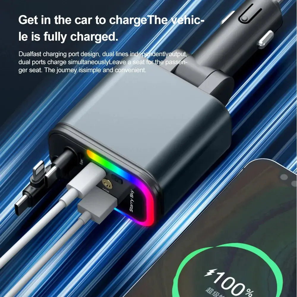 5-in-1 180W Car Fast Charger USB Type-C Power Adapter Retractable Phone Charger With Roof Starlight For IOS Android Phones
