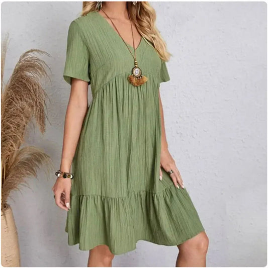 Women Summer Peplum Dresses Spring V-Neck Short Sleeve Loose Waist Ruffle Fit Flare Vocation Dresses shoporiz