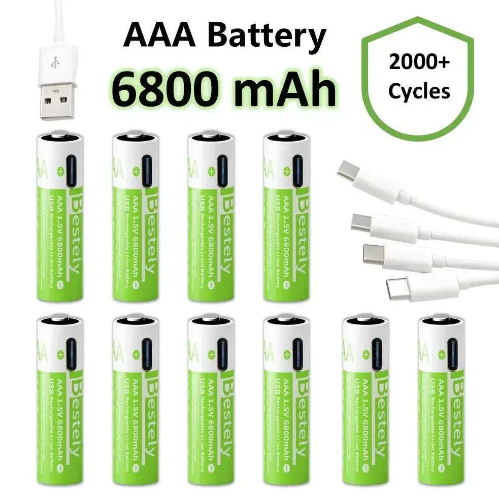 Pro 1.5V AAA 6800mAh Rechargeable Battery, Type-C Fast Charging Li-ion Batteries, 2000 Cycles LED Indicator with Cable