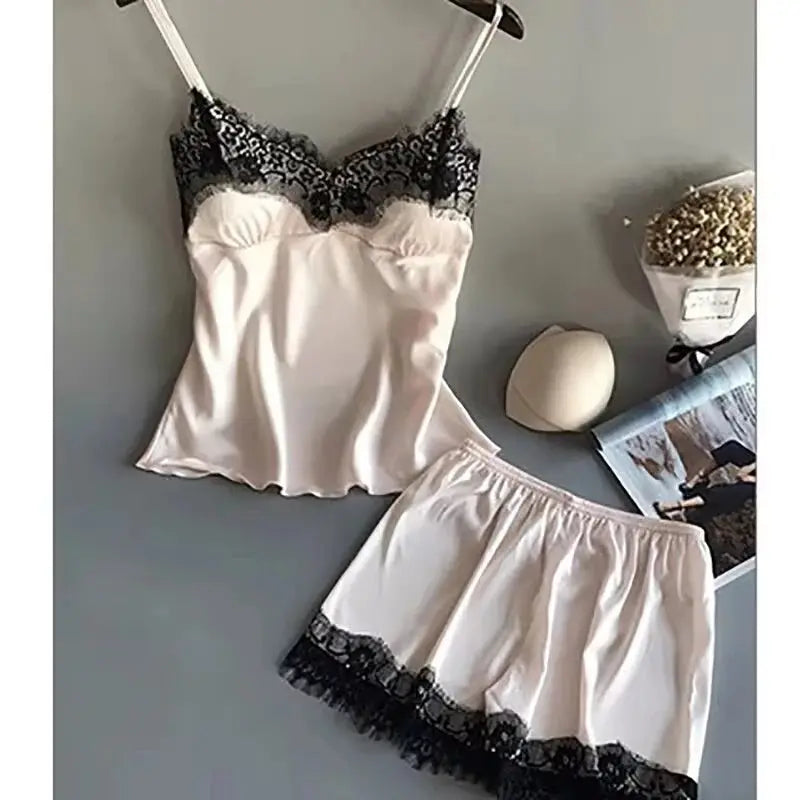 Women Pajama Suit Fashion V-Neck Stretch Satin Babydoll Lace Sexy Lingerie Bowknot Pyjamas Sleep Shorts Set Sleepwear