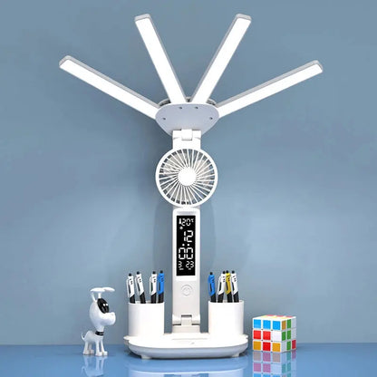 Rechargeable Table Lamp for Study, Desk Lamp Reading Light Led Table Light with Fan, Led Clock Dispaly Reading Lamp Shoporiz