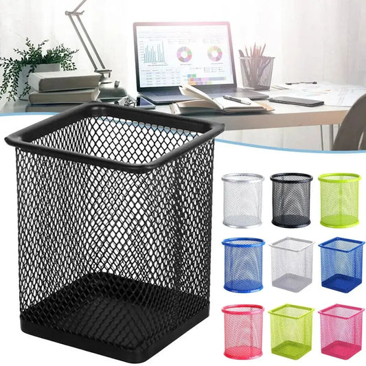 Multifunctional Mesh Pen Pot Round/Square Desk Tidy Stationery Organizer Black Red Green Blue Silver Metal Pencil Storage Holder