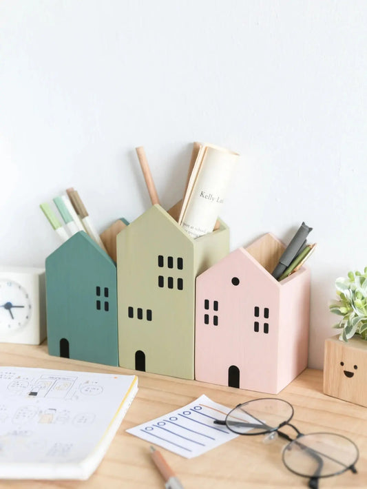 Cartoon House Wooden Pen Holder Pencil container Stationery storage box Student/ Office Desktop Storage Organizer